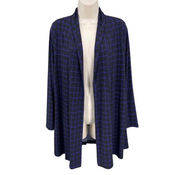 Ulla‎ Popken Duster Cardigan Woman 12 Purple Trendy Designer Open Stretchy Grid - Picture 1 of 11